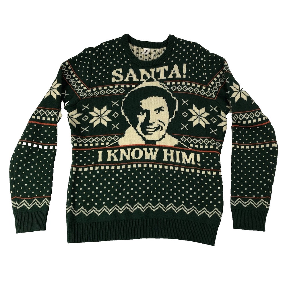 Elf Sweater Mens XL Extra Large Green Buddy "Santa I Know Him" Christmas Holiday